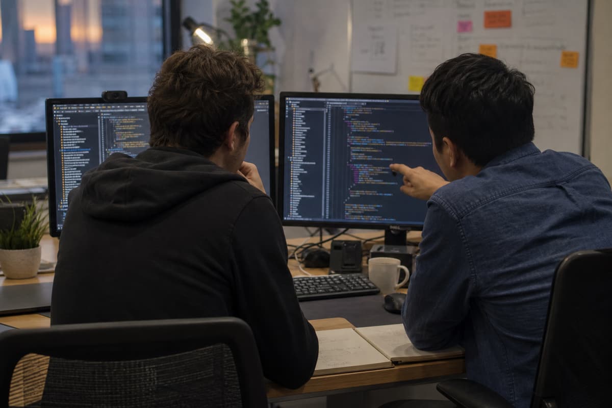 Kevin Myat shipping gaming features on a dual-monitor engineering setup